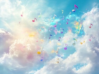 Fototapeta premium Colorful musical notes floating in a dreamy sky with clouds and sunlight.