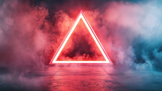 Futuristic neon triangle display in luxurious room with misty atmosphere