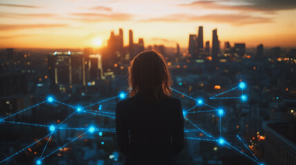 Abstract business woman stands on the peak of success amid tall, innovative Smart city and graphs with statistics to analyze business potential and predict future developments in company growth.
