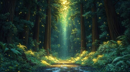 Enchanted forest with glowing lights and serene atmosphere.