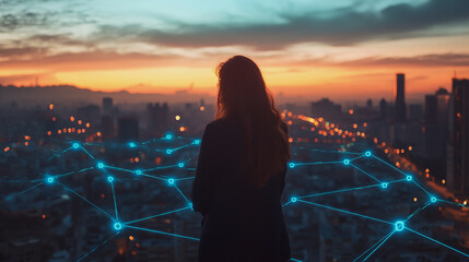 Fototapeta premium Abstract business woman stands on the peak of success amid tall, innovative Smart city and graphs with statistics to analyze business potential and predict future developments in company growth.