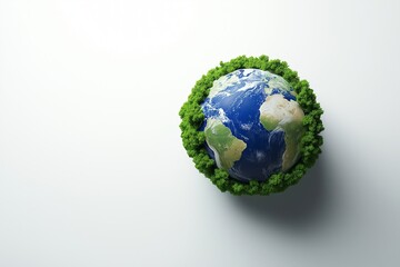 
3D blue Earth with green trees, white background, white wall, simple design.