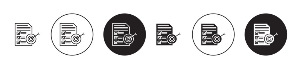 Accomplished goals and objectives icons set in black filled and outlined style