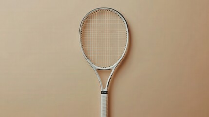 A white tennis racket with a black rim and white grip is centered on a beige background. Ideal for sports websites, blogs, or social media.
