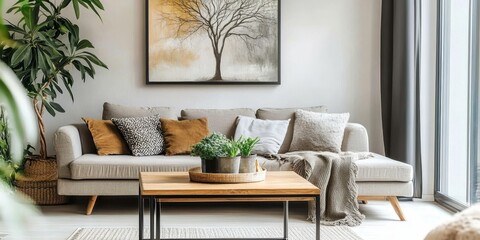 modern living room, minimalist interior design, large abstract wall art, grey sectional sofa, wooden coffee table, floor-to-ceiling windows, natural light, indoor plants, contemporary lighting, neutra