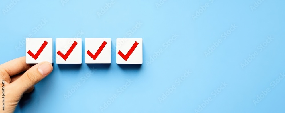 Poster hand holding blocks with red check marks on blue background