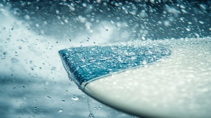 Close-up of a surfboard's tail with water droplets. Ideal for websites or ads related to surfing, watersports, or travel agencies.