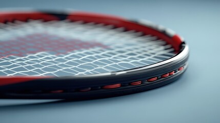 Close-up of a tennis racket's strings and frame. Ideal for sporting goods websites or tennis-related articles.