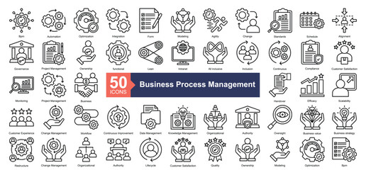 Business Process Management Icon Collection Set.Containing Bpm, Automation, Optimization, Integration, Form, Modeling, Agility, Change, Standards icon. Simple line style Vector