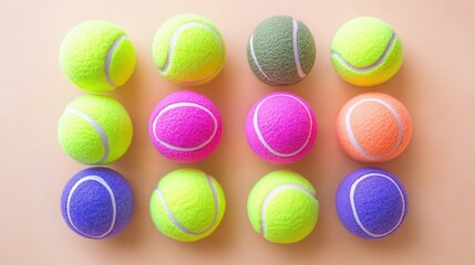 Fototapeta premium Colorful tennis balls arranged on a peach background. Great for sports, fitness, or game-related designs. Ideal for posters, websites, and social media.