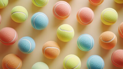 Colorful pastel tennis balls on a matching background. Ideal for sports, leisure, or playful designs. Use for websites, social media, or print.