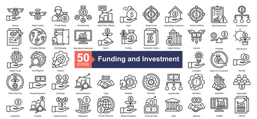 Funding and Investment Icon Collection Set.Containing venture, angel investor, private equity, crowdfunding, debt, hedge funds icon. Simple line style Vector Illustration.	
