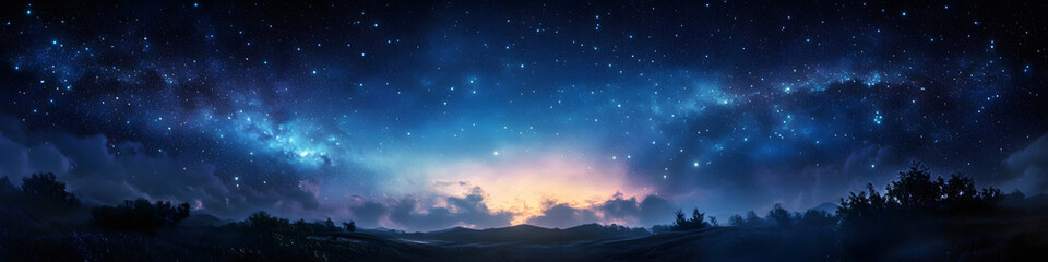 Night sky with stars. Universe filled with clouds, nebula and galaxy. Landscape with gradient blue...