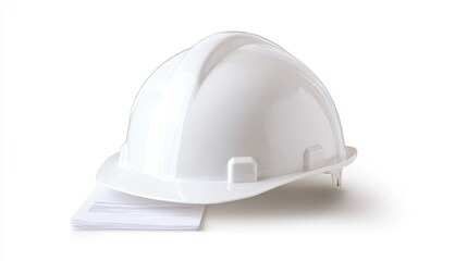 Fototapeta premium White Hard Hat on Paper Stack for Safety and Construction