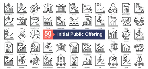 Initial Public Offering Icon Collection Set.Containing public offering, treasury, share, investors, bank, market, volatility icon. Simple line style Vector Illustration.	
