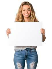 Fototapeta premium Young Woman Holding Blank Sign - A smiling young woman holds a large blank sign, symbolizing opportunity, potential, communication, advertisement, and new beginnings.