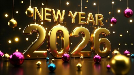 3d text new year 2026 gold realistic rendering new year celebration with christmas balls