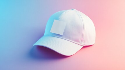 White baseball cap with blank label patch on pink and blue background.