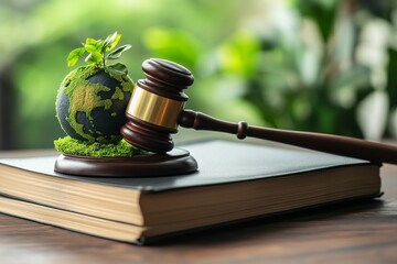 Obraz premium Green planet Earth on a book and wooden gavel, environmental protection law concept.