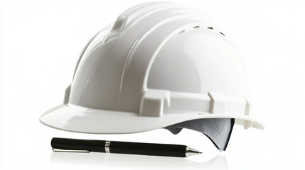 White Hard Hat and Pen on White Background