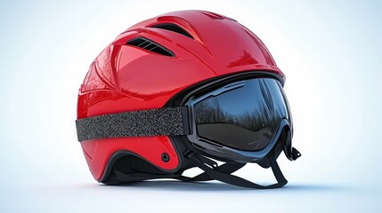 Red ski helmet with attached goggles. Ideal for winter sports enthusiasts seeking head protection and clear vision on the slopes.