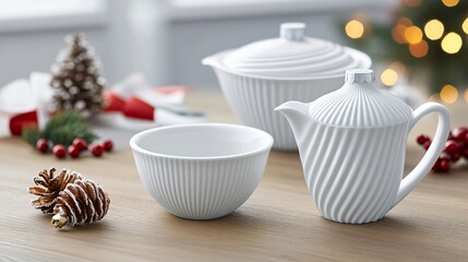 Fototapeta premium Elegant White Porcelain Tea Set Festive Christmas Table