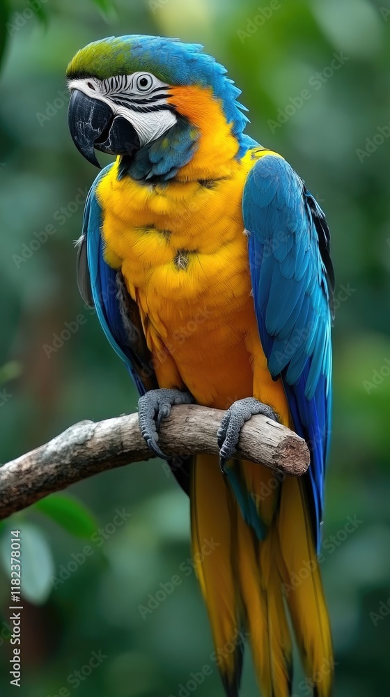 Wall mural A vibrant blue and yellow macaw perched on a branch in a lush green environment.