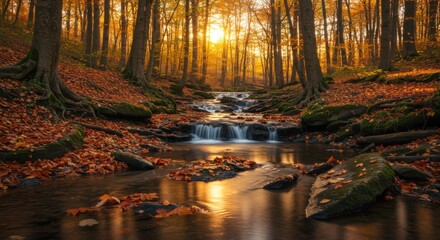 Autumn forest scene, golden sunlight filtering through trees, small cascading waterfall, reflective stream, fallen leaves, mossy rocks, vibrant fall colors, warm orange tones, tranquil woodland atmosp