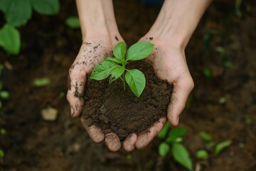
Hand holding soil with a young plant, green environment background for environmental protection and ecology concept.
