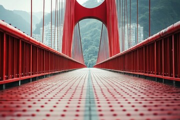 Fototapeta premium Red suspension bridge deck, distant hills.