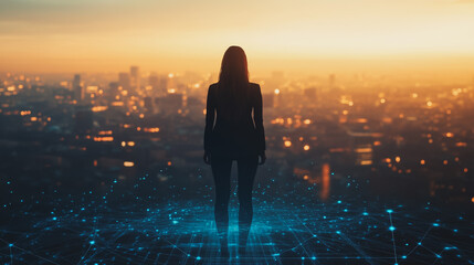Fototapeta premium Abstract business woman stands on the peak of success amid tall, innovative Smart city and graphs with statistics to analyze business potential and predict future developments in company growth.