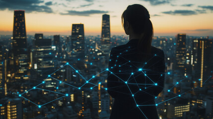 Abstract business woman stands on the peak of success amid tall, innovative Smart city and graphs with statistics to analyze business potential and predict future developments in company growth.