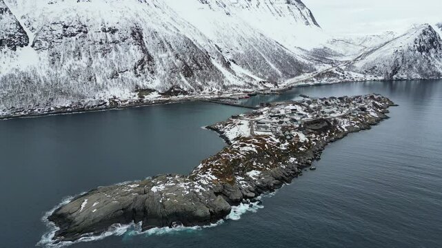 Husoy, a village located on an island in Norway, aerial view