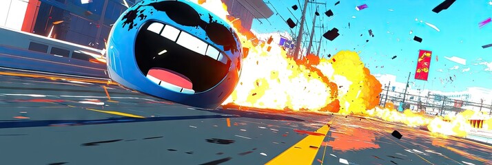 A vibrant explosion scene featuring a blue character in a dynamic urban setting.