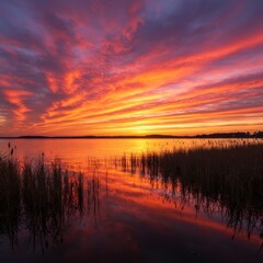 Obraz premium Vibrant sunset over wetlands, Dramatic orange and pink sky, Silhouetted reeds reflecting in still water, Fiery clouds, Peaceful marsh landscape, Rich color palette, Atmospheric dusk scene, Mirror-like