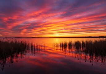 Obraz premium Vibrant sunset over wetlands, Dramatic orange and pink sky, Silhouetted reeds reflecting in still water, Fiery clouds, Peaceful marsh landscape, Rich color palette, Atmospheric dusk scene, Mirror-like