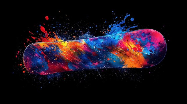 A vibrant snowboard explodes with colorful paint splashes. Ideal for extreme sports posters or apparel designs promoting dynamism and energy.