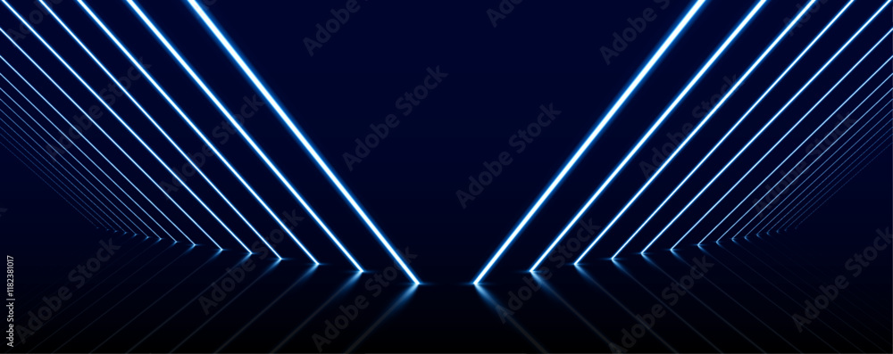 Poster neon reflection in futuristic corridor. multicolored neon lamps cast reflections in the dark corrido