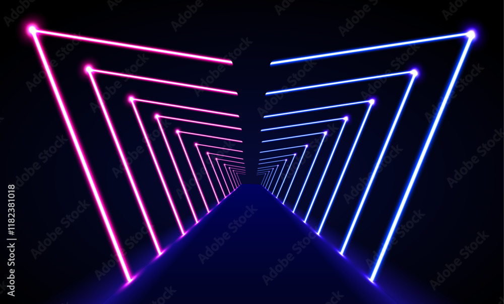 Poster Abstract laser lights in a 3D world. Vibrant neon lines form a complex laser display in a 3D world, filled with geometric shapes and endless motion. The visual is dynamic, with endless possibilities.