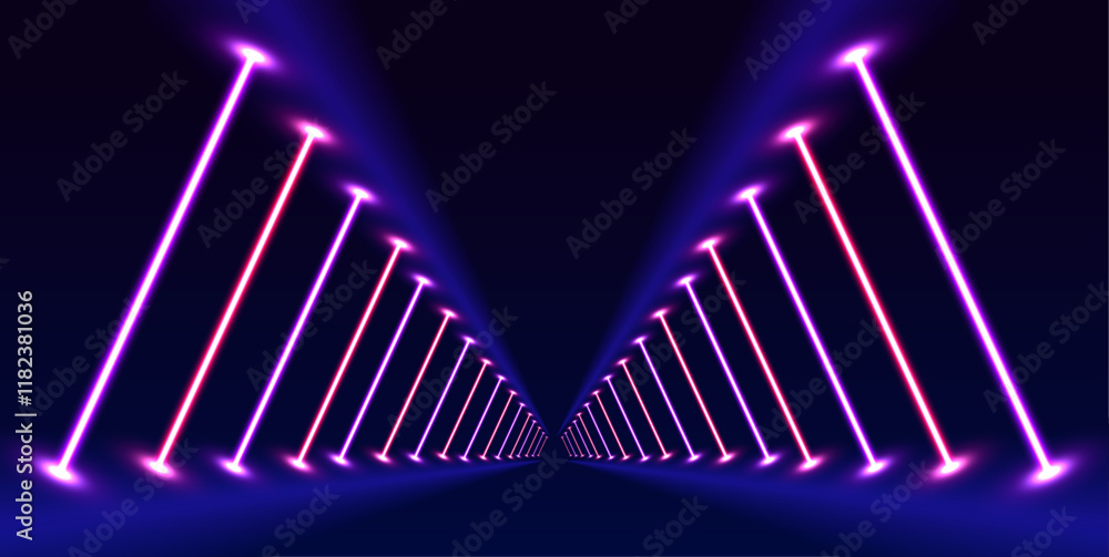 Poster Electric neon lines in virtual reality tunnel. Glowing neon lines create a vibrant spectrum in an abstract 3D tunnel. The pink and blue colors form a square portal that leads into the unknown.