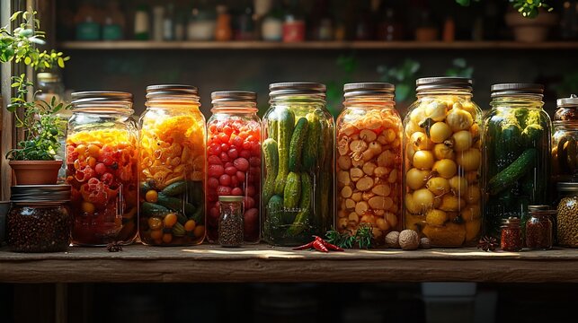 Preserved vegetables and fruits in glass jars on a shelf