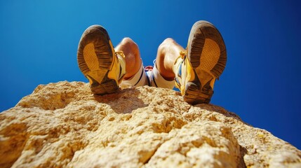 Low angle view of climber's hiking boots resting on a rock face against a clear blue sky. Ideal for adventure travel and outdoor sporting goods promotion.