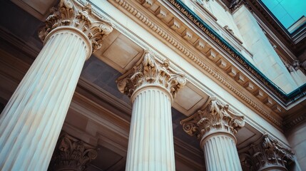 Fototapeta premium Ornate columns support classical building facade.