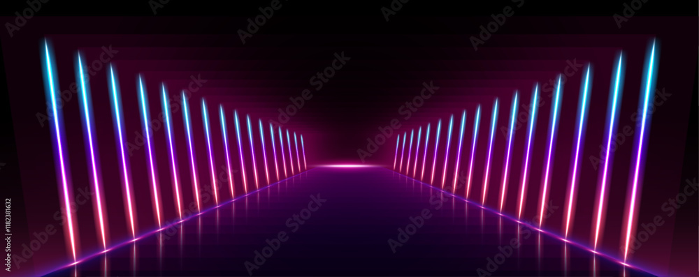 Poster neon reflection in futuristic corridor. multicolored neon lamps cast reflections in the dark corrido