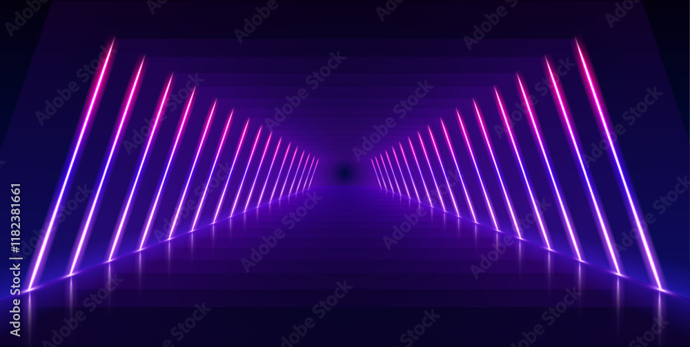Poster A futuristic 3D rendering of glowing neon lines forms an electric tunnel with bright pink and blue hues. It invites the viewer to experience a world of virtual reality.