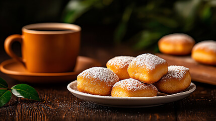 f0b French beignets dusted with powdered sugar served with a cup of coffee