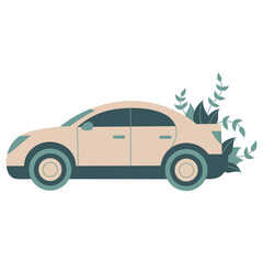 Obraz premium This PNG image on a transparent background depicts a stylized beige car with green leaves emerging from the trunk, symbolizing eco-friendly transportation, sustainability, and green mobility.