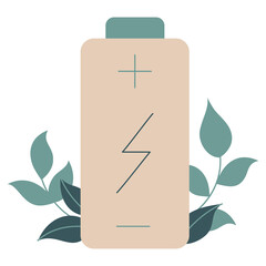 Obraz premium This PNG image on a transparent background features a stylized beige battery with a green cap and leaves surrounding its base, symbolizing renewable energy, sustainability, and eco-friendly technology