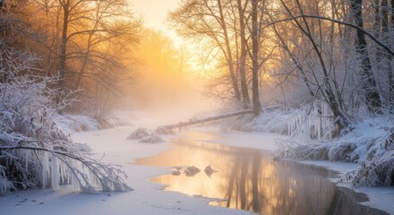Winter forest, frozen stream, golden sunlight, misty atmosphere, snow-covered trees, bare branches, ethereal glow, peaceful landscape, serene nature, frosty morning, dreamy scenery, soft light, reflec
