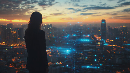 Fototapeta premium Abstract business woman stands on the peak of success amid tall, innovative Smart city and graphs with statistics to analyze business potential and predict future developments in company growth.